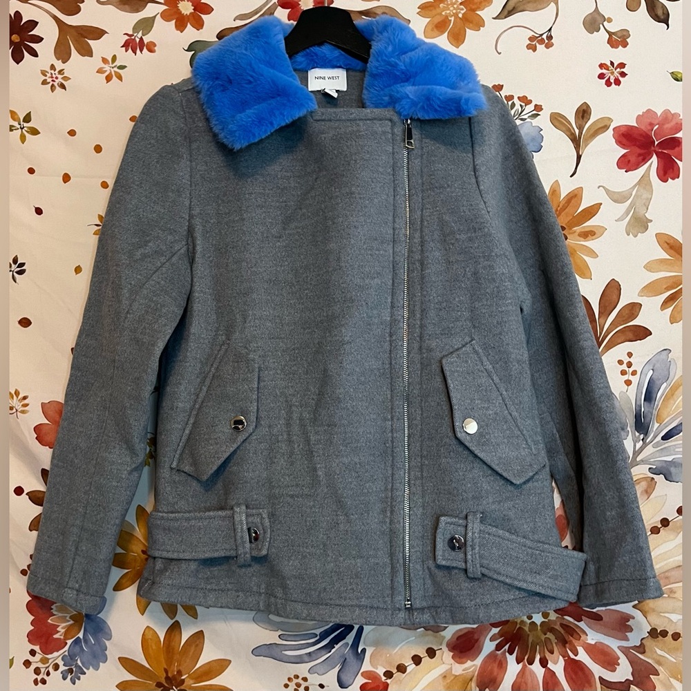 NWT Nine West Womens XS Blue Grey Faux Fur Collar NYC Preppy City Moto Jacket